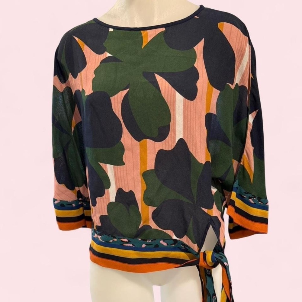 Blank London Abstract Floral Tie Front Blouse Pink Green Boxy Top Small‎